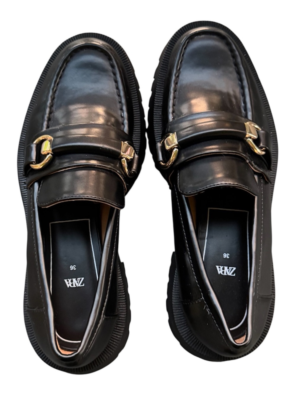 ZARA Black Leather Horsebit Chunky Lug Sole Platform Loafers Size 36
